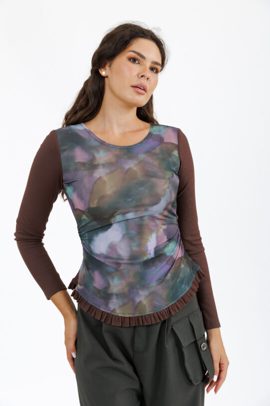 Bluza MATHILDE NADIN din licra multicolor si jerse maro. Materiale naturale, design unicat, cu broderie si aplicatii handmade