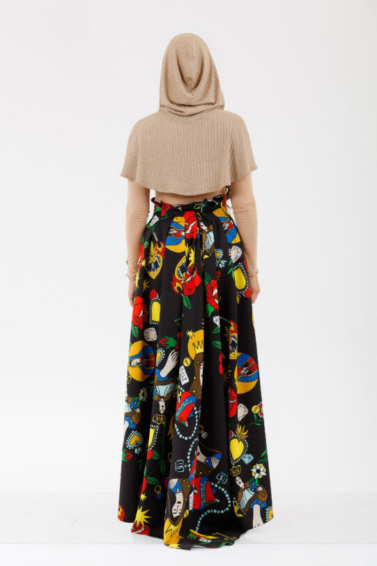 Fusta MATHILDE DIVA neagra din jerse cu print multicolor. Materiale naturale, design unicat, cu broderie si aplicatii handmade