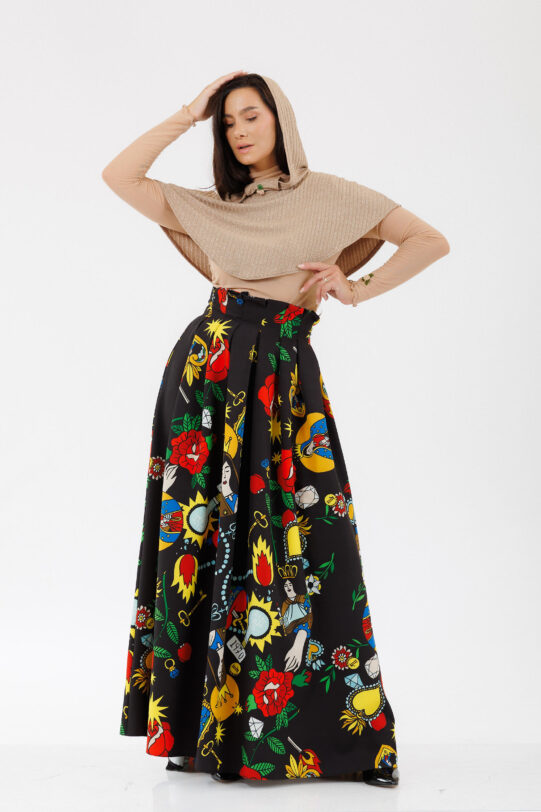 Fusta MATHILDE DIVA neagra din jerse cu print multicolor. Materiale naturale, design unicat, cu broderie si aplicatii handmade