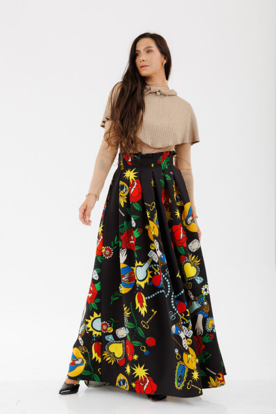 Fusta MATHILDE DIVA neagra din jerse cu print multicolor. Materiale naturale, design unicat, cu broderie si aplicatii handmade
