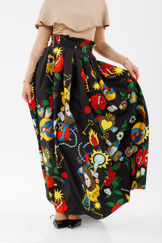 Fusta MATHILDE DIVA neagra din jerse cu print multicolor. Materiale naturale, design unicat, cu broderie si aplicatii handmade