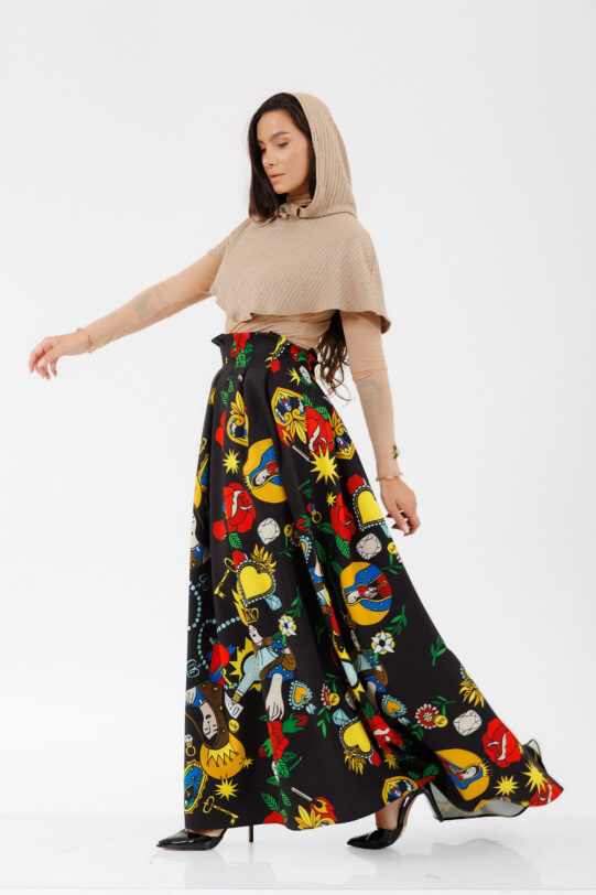 Fusta MATHILDE DIVA neagra din jerse cu print multicolor. Materiale naturale, design unicat, cu broderie si aplicatii handmade
