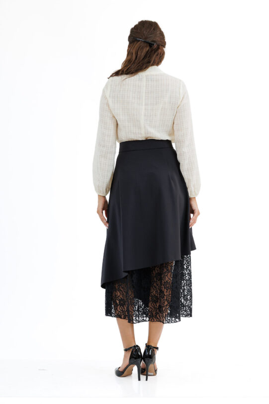Fusta MATHILDE ELARY asimetrica din jerse negru cu dantela. Materiale naturale, design unicat, cu broderie si aplicatii handmade