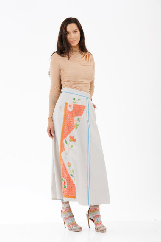 Fusta MATHILDE LARA ivory din tercot cu broderie. Materiale naturale, design unicat, cu broderie si aplicatii handmade