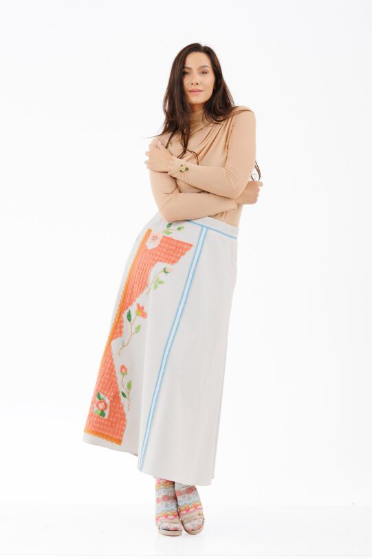 Fusta MATHILDE LARA ivory din tercot cu broderie. Materiale naturale, design unicat, cu broderie si aplicatii handmade