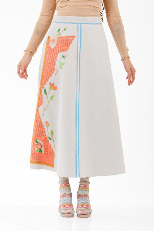 Fusta MATHILDE LARA ivory din tercot cu broderie. Materiale naturale, design unicat, cu broderie si aplicatii handmade