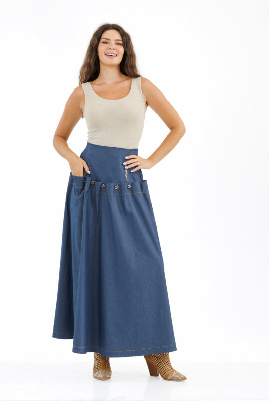 Fusta MATHILDE ROMILA din blug cu nasturi. Materiale naturale, design unicat, cu broderie si aplicatii handmade