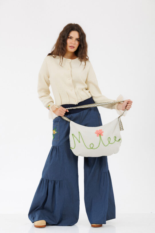 Geanta MATHILDE din in crem cu broderie. Materiale naturale, design unicat, cu broderie si aplicatii handmade