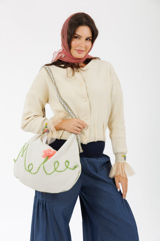 Geanta MATHILDE din in crem cu broderie. Materiale naturale, design unicat, cu broderie si aplicatii handmade