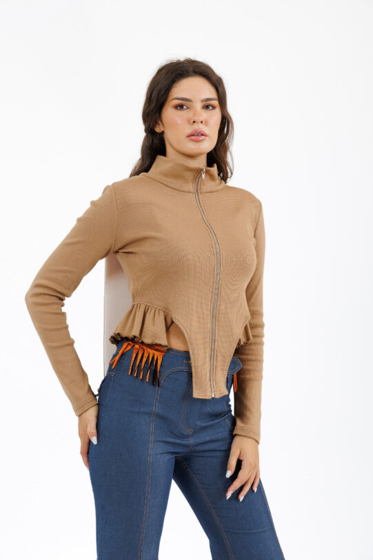 HANORAC MATHILDE RIA cappuccino din jerse cu tablou detasabil. Materiale naturale, design unicat, cu broderie si aplicatii handmade