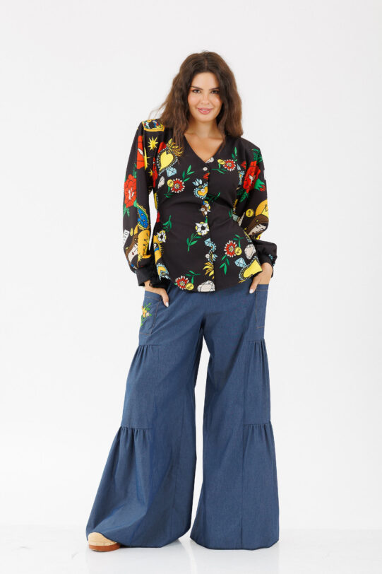 Jacheta MATHILDE ATENA din jerse cu print colorat. Materiale naturale, design unicat, cu broderie si aplicatii handmade