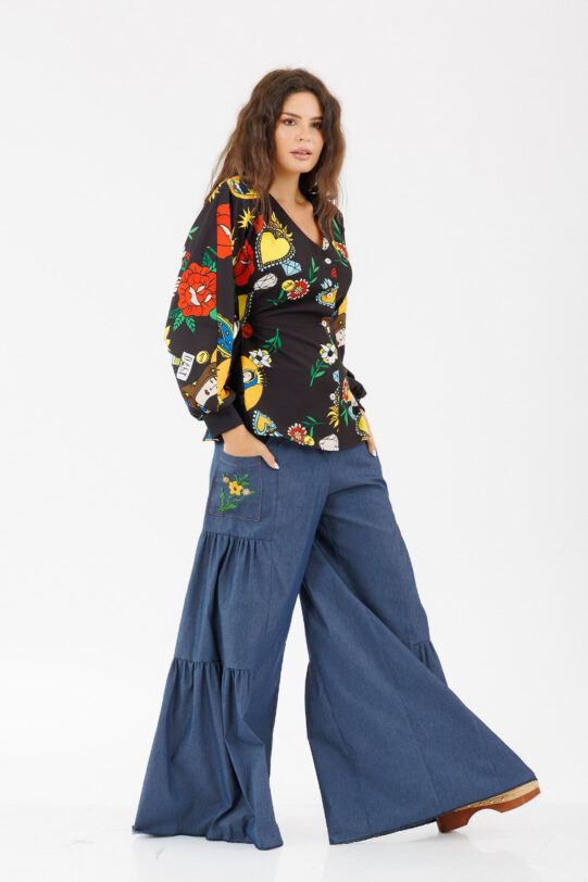 Jacheta MATHILDE ATENA din jerse cu print colorat. Materiale naturale, design unicat, cu broderie si aplicatii handmade