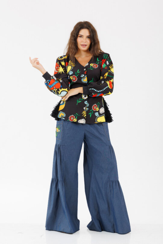 Jacheta MATHILDE ATENA din jerse cu print colorat. Materiale naturale, design unicat, cu broderie si aplicatii handmade