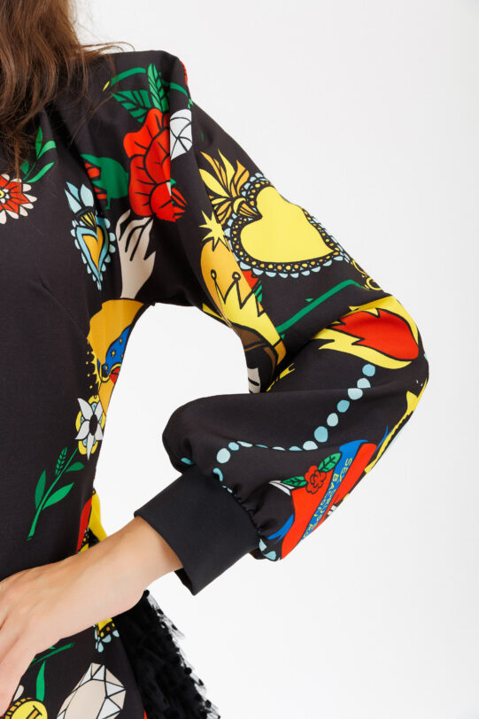 Jacheta MATHILDE ATENA din jerse cu print colorat. Materiale naturale, design unicat, cu broderie si aplicatii handmade