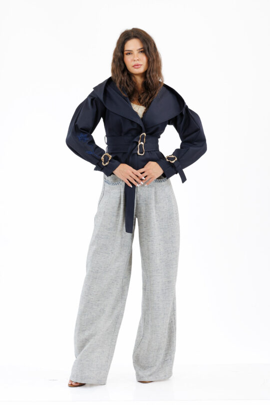 Jacheta MATHILDE IZARA bleumarin cu cordon din tercot. Materiale naturale, design unicat, cu broderie si aplicatii handmade