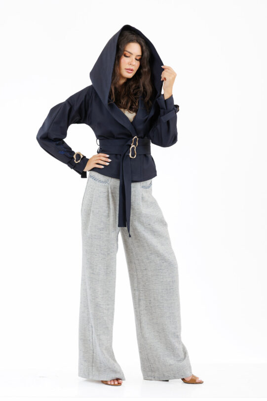 Jacheta MATHILDE IZARA bleumarin cu cordon din tercot. Materiale naturale, design unicat, cu broderie si aplicatii handmade