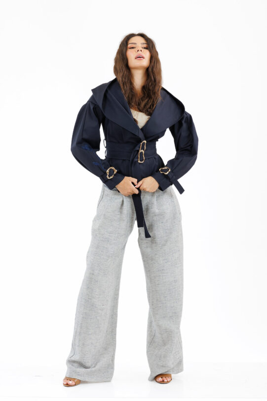 Jacheta MATHILDE IZARA bleumarin cu cordon din tercot. Materiale naturale, design unicat, cu broderie si aplicatii handmade