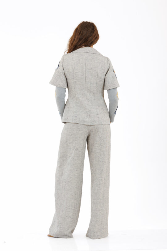Pantalon MATHILDE BONNI gri din stofa cu buzunare. Materiale naturale, design unicat, cu broderie si aplicatii handmade