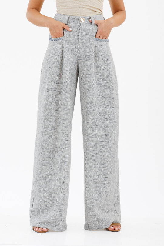 Pantalon MATHILDE BONNI gri din stofa cu buzunare. Materiale naturale, design unicat, cu broderie si aplicatii handmade