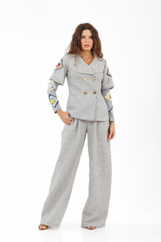 Pantalon MATHILDE BONNI gri din stofa cu buzunare. Materiale naturale, design unicat, cu broderie si aplicatii handmade