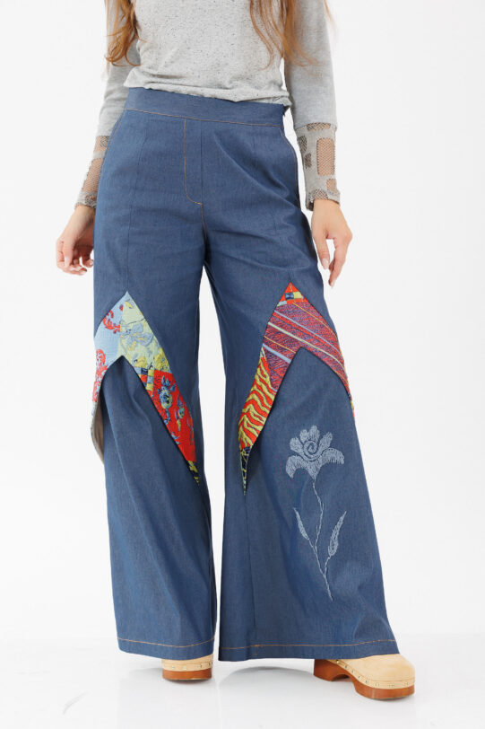 Pantalon MATHILDE CARSON din blug cu insertie din brocard. Materiale naturale, design unicat, cu broderie si aplicatii handmade