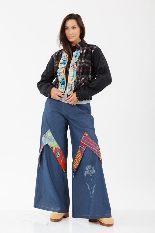 Pantalon MATHILDE CARSON din blug cu insertie din brocard. Materiale naturale, design unicat, cu broderie si aplicatii handmade