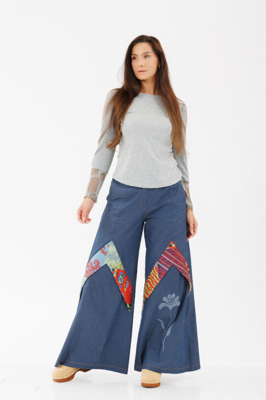 Pantalon MATHILDE CARSON din blug cu insertie din brocard. Materiale naturale, design unicat, cu broderie si aplicatii handmade