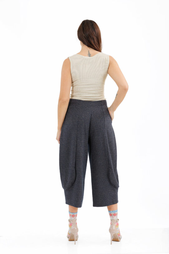 Pantalon MATHILDE HAZEL bleumarin din tricot. Materiale naturale, design unicat, cu broderie si aplicatii handmade