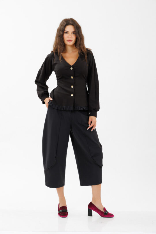 Pantalon MATHILDE HAZEL negru din jerse. Materiale naturale, design unicat, cu broderie si aplicatii handmade