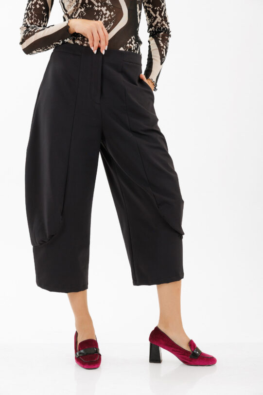Pantalon MATHILDE HAZEL negru din jerse. Materiale naturale, design unicat, cu broderie si aplicatii handmade