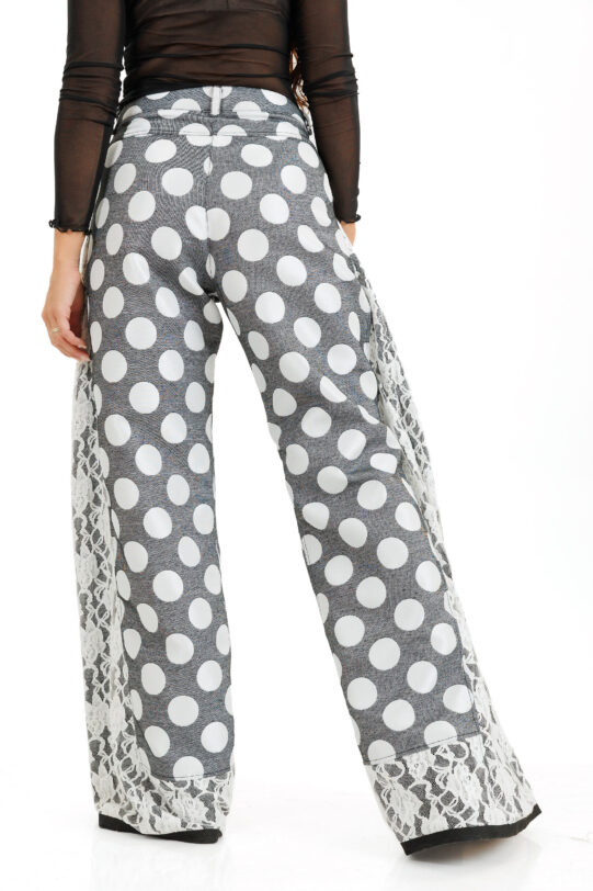 Pantalon MATHILDE LUG cu buline si clin din dantela. Materiale naturale, design unicat, cu broderie si aplicatii handmade