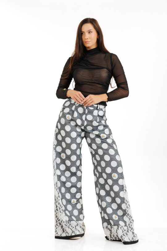 Pantalon MATHILDE LUG cu buline si clin din dantela. Materiale naturale, design unicat, cu broderie si aplicatii handmade