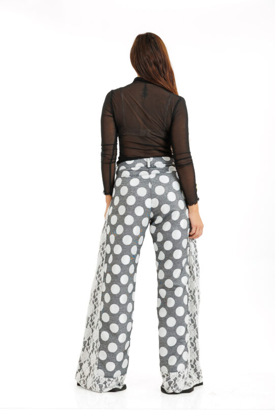 Pantalon MATHILDE LUG cu buline si clin din dantela. Materiale naturale, design unicat, cu broderie si aplicatii handmade