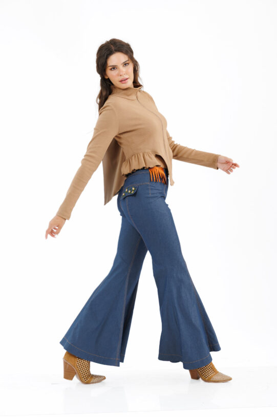 Pantalon MATHILDE LUNA evazat din blug. Materiale naturale, design unicat, cu broderie si aplicatii handmade