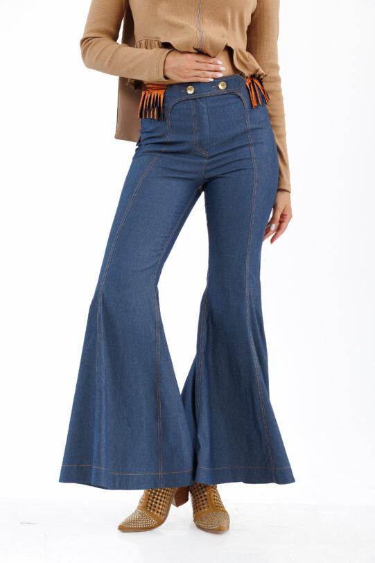 Pantalon MATHILDE LUNA evazat din blug. Materiale naturale, design unicat, cu broderie si aplicatii handmade