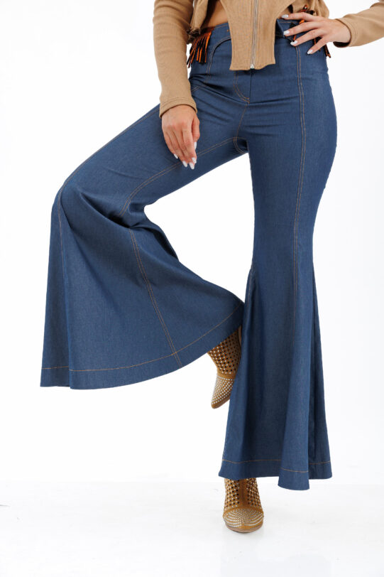 Pantalon MATHILDE LUNA evazat din blug. Materiale naturale, design unicat, cu broderie si aplicatii handmade