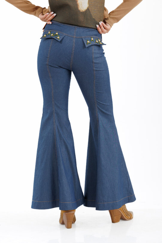 Pantalon MATHILDE LUNA evazat din blug. Materiale naturale, design unicat, cu broderie si aplicatii handmade