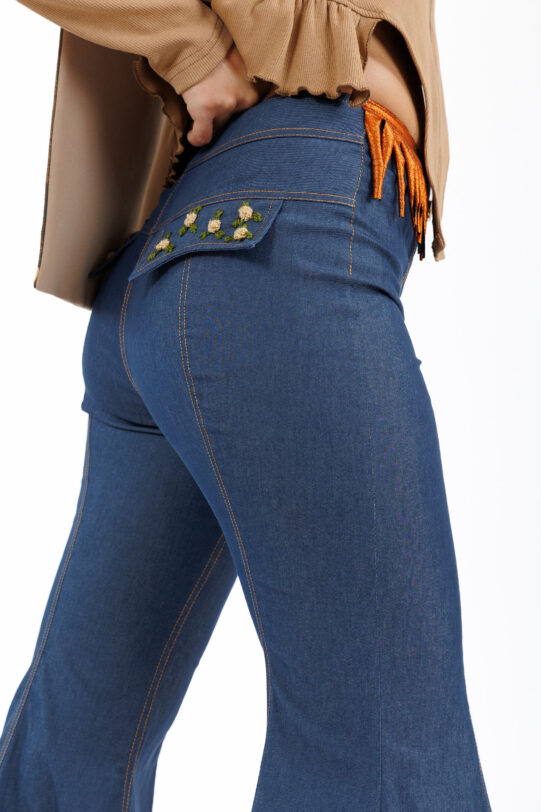 Pantalon MATHILDE LUNA evazat din blug. Materiale naturale, design unicat, cu broderie si aplicatii handmade
