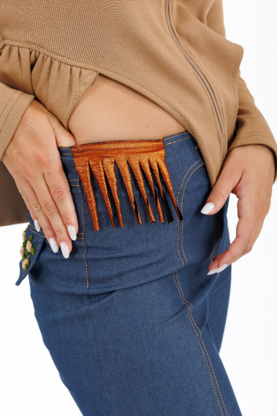 Pantalon MATHILDE LUNA evazat din blug. Materiale naturale, design unicat, cu broderie si aplicatii handmade