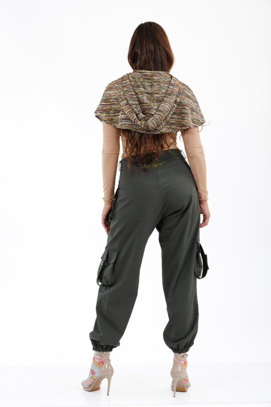 Pantalon MATHILDE YANISIA cargo gri din tercot. Materiale naturale, design unicat, cu broderie si aplicatii handmade