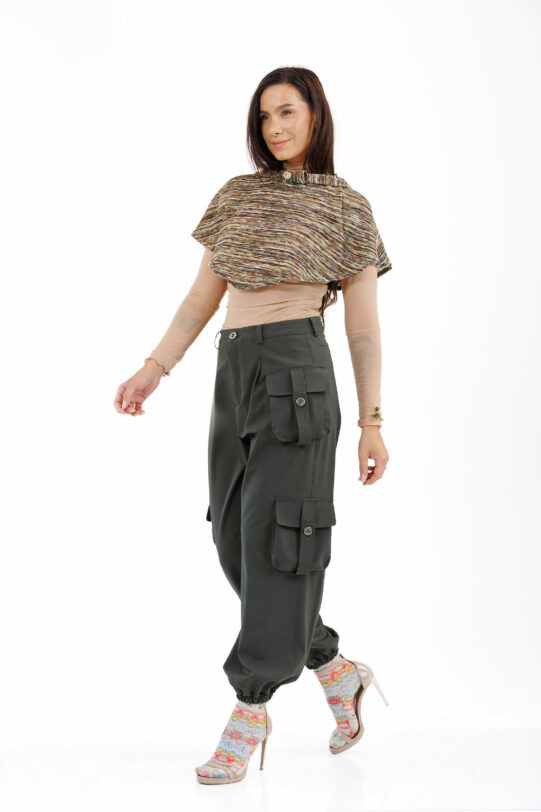 Pantalon MATHILDE YANISIA cargo gri din tercot. Materiale naturale, design unicat, cu broderie si aplicatii handmade