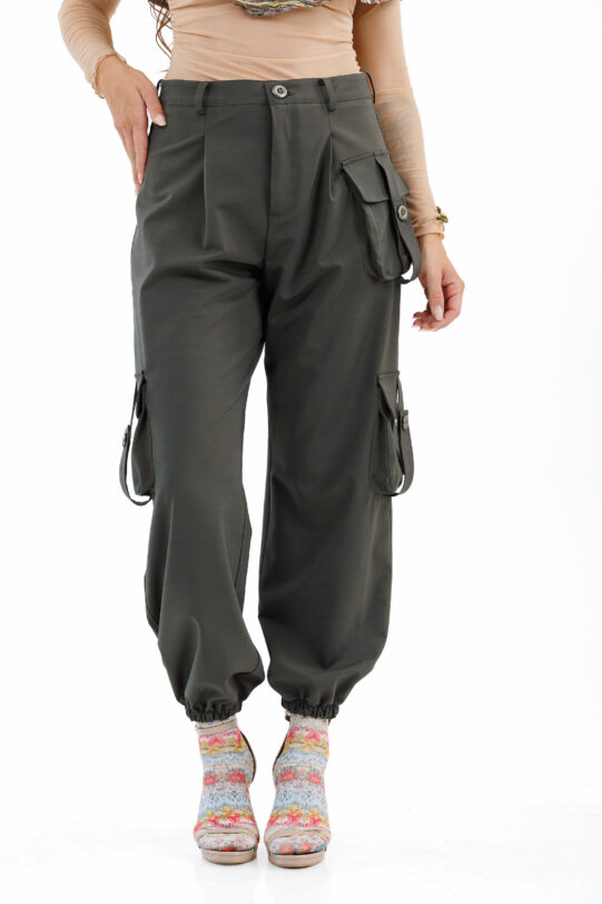 Pantalon MATHILDE YANISIA cargo gri din tercot. Materiale naturale, design unicat, cu broderie si aplicatii handmade
