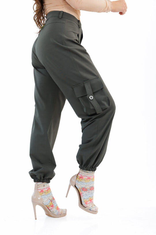 Pantalon MATHILDE YANISIA cargo gri din tercot. Materiale naturale, design unicat, cu broderie si aplicatii handmade