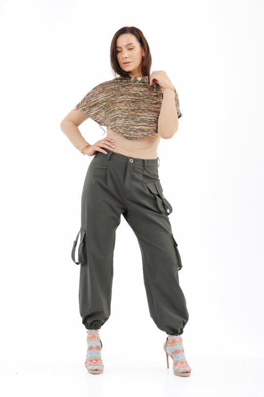 Pantalon MATHILDE YANISIA cargo gri din tercot. Materiale naturale, design unicat, cu broderie si aplicatii handmade