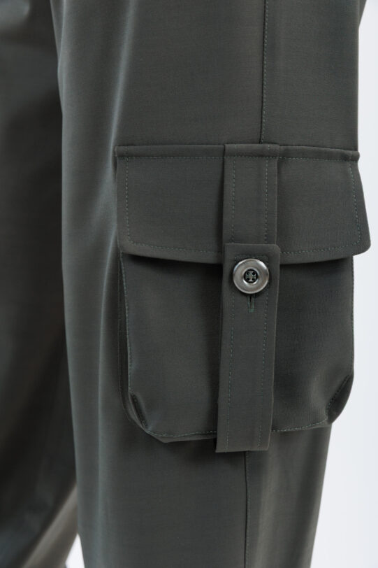 Pantalon MATHILDE YANISIA cargo gri din tercot. Materiale naturale, design unicat, cu broderie si aplicatii handmade