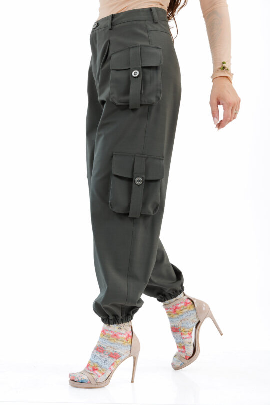 Pantalon MATHILDE YANISIA cargo gri din tercot. Materiale naturale, design unicat, cu broderie si aplicatii handmade