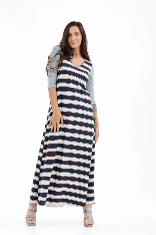 Rochia MATHILDE AZURA bleumarin cu dungi si clin crem cu franjuri. Materiale naturale, design unicat, cu broderie si aplicatii handmade