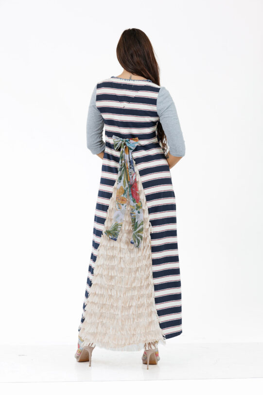 Rochia MATHILDE AZURA bleumarin cu dungi si clin crem cu franjuri. Materiale naturale, design unicat, cu broderie si aplicatii handmade