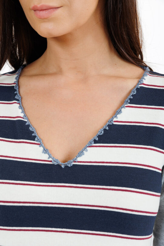 Rochia MATHILDE AZURA bleumarin cu dungi si clin crem cu franjuri. Materiale naturale, design unicat, cu broderie si aplicatii handmade