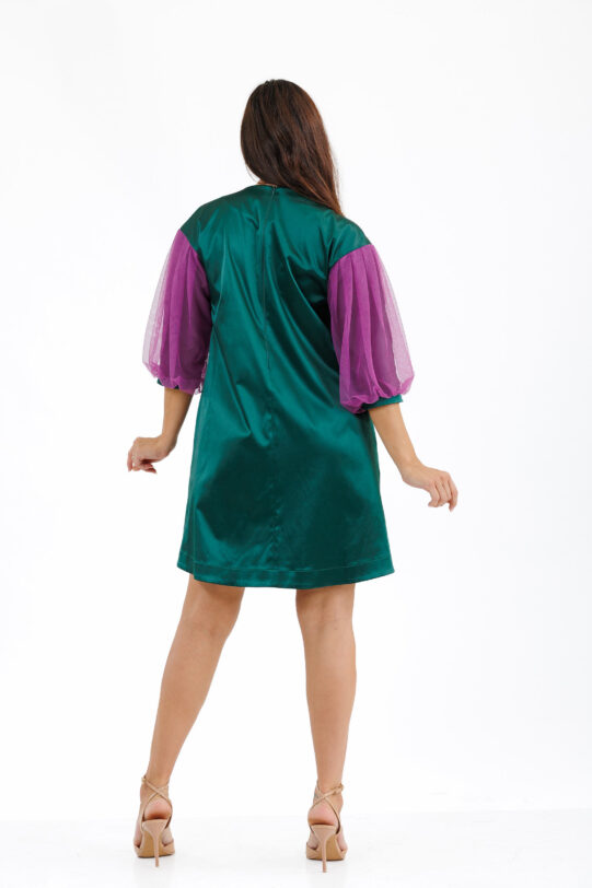 Rochia MATHILDE FLORENA verde cu maneca bufanta. Materiale naturale, design unicat, cu broderie si aplicatii handmade